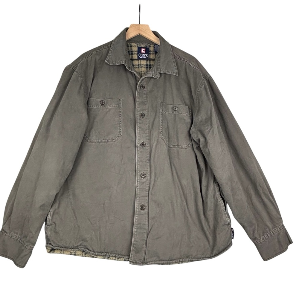 CHAPS Shirt Men XL Green‎ Fleece Lined Button Front Shacket Cotton Rugged
